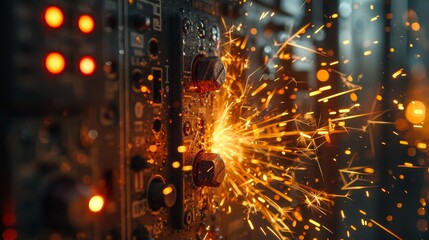 Electric Spark: A photo of an electrical panel with sparks flying - obrazy, fototapety, plakaty
