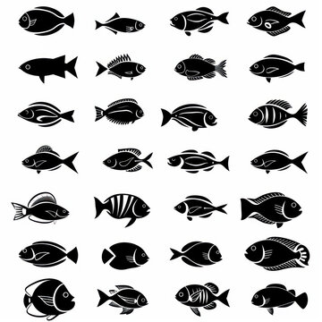 Fish vector icon pack, silhouette, mimimal mono line icon, black thick line art, black and white color isolated on white