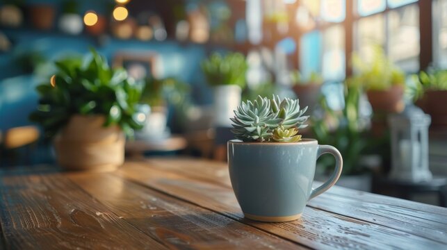 A small succulent plant in a coffee cup on top of wooden table, AI