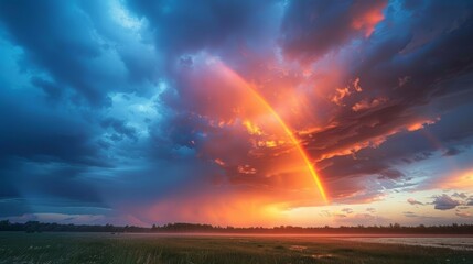 Extreme Weather: A photo of a dramatic sky with a rainbow after a thunderstorm - obrazy, fototapety, plakaty