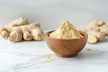Fototapeta premium Ginger root and ginger powder in a wood bowl. Fresh ginger rhizome with sliced over light grey concrete background. Zingiber ground spice for cooking. Herb medical concept. Natural organic ingredient