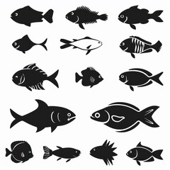 Fish vector icon pack, silhouette, mimimal mono line icon, black thick line art, black and white color isolated on white