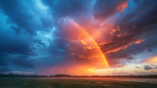 Extreme Weather: A photo of a dramatic sky with a rainbow after a thunderstorm