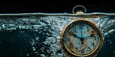 Submerged Clock in Water. Generative AI - obrazy, fototapety, plakaty