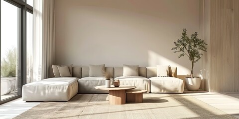 Fototapeta na wymiar Minimalist stylish living room, gray and white sofa and a plant near it, wide panoramic windows, gentle light, interior design, background, wallpaper.