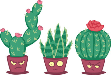 Collection of vector illustrations of cartoon cute evil cactus characters with anime faces isolated on white background
