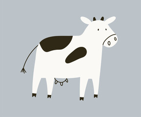 Cute milk dairy cow in Scandinavian doodle style. Adorable farm domestic animal. Black and white livestock, cattle. Countryside milker. Kids childish drawing, flat vector illustration
