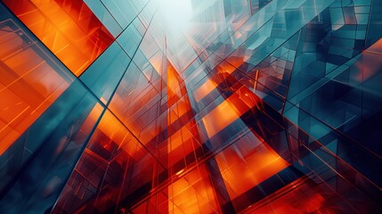 Futuristic abstract architecture with geometric shapes and vibrant city lights at dusk, captured with macro lens for dynamic and mysterious effect. - obrazy, fototapety, plakaty