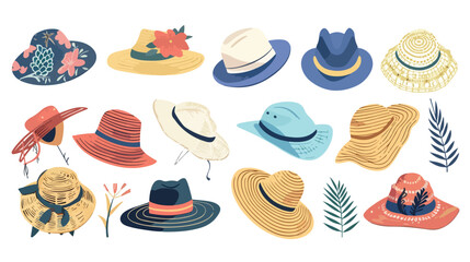 Hats caps panamas set. Knitted straw beach head wear - obrazy, fototapety, plakaty