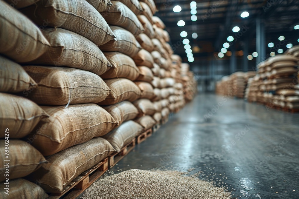 Poster rows of packed burlap sacks in a storage facility with selective focus and a hint of the product spi