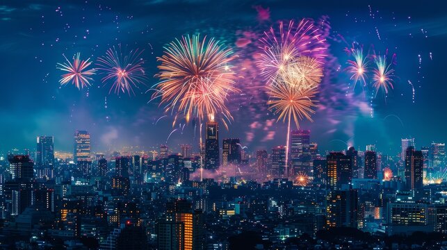 Lights Spark: A photo of a fireworks display over a city skyline
