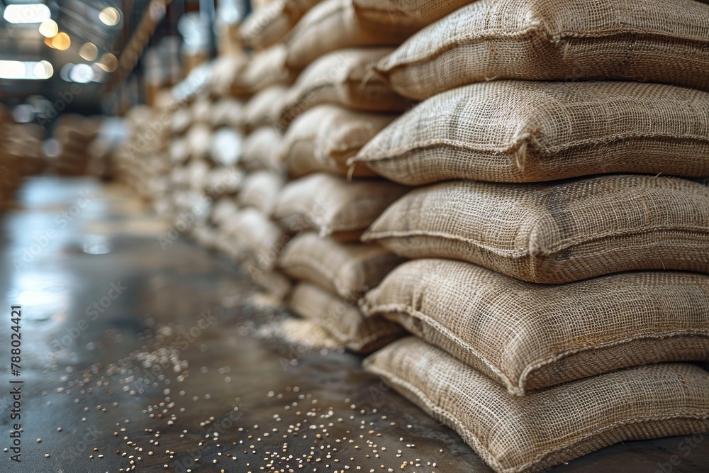 Poster close-up image capturing the texture and details of stacked burlap sacks in a warehouse environment