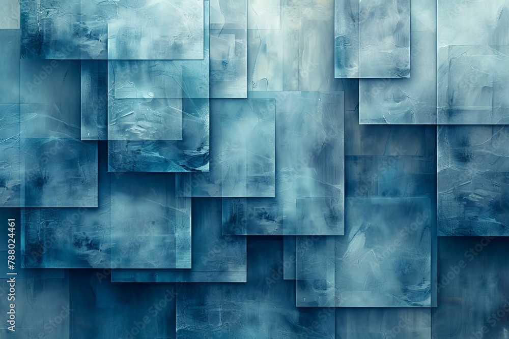 Poster this image shows a multitude of overlapping squares with a smoke effect in different shades of blue