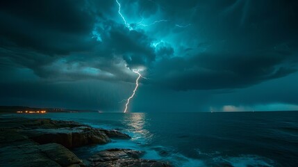 Nature Power: A photo capturing a lightning storm over a vast ocean - obrazy, fototapety, plakaty