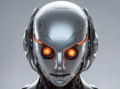 The head of a robot in profile with glowing yellow eyes on a light background, the personification of artificial intelligence