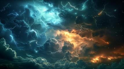 Night Thunderstorm: A photo of a night thunderstorm, with lightning illuminating the sky and clouds, creating a surreal and magical atmosphere - obrazy, fototapety, plakaty