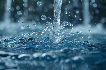 A stunning close-up of water causing a splash with bubbles against a dark background