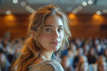 Portrait of an attractive young woman with blonde hair facing camera in an auditorium full of people