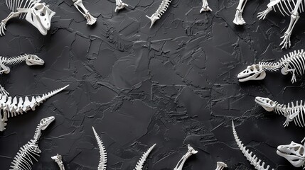 White dinosaur bones arranged on a black table, stark contrast, top view - obrazy, fototapety, plakaty