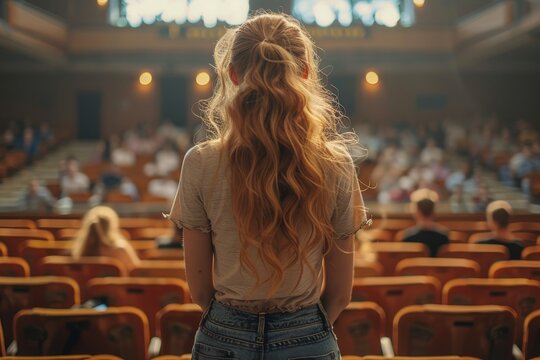 A young woman with curly hair standing before an audience in a grand lecture hall, possibly preparing to speak or perform