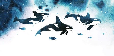 Watercolor vector killer whales and fish under the sea. Marine underwater life. Ecology conservation. Seascape hand drawn illustration with splashes. Template for flyer, list, ad, cover, banner © GaliChe