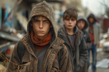 Fototapeta premium A contemplative youth stands in front of an urban background filled with wreckage, exuding a sense of resolve