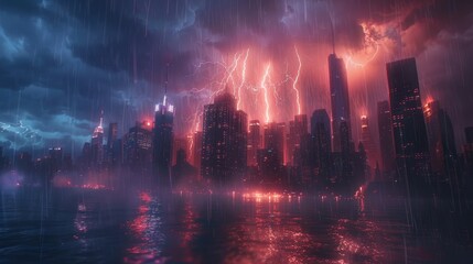 Thunderstorm: A photo of a city skyline during a thunderstorm - obrazy, fototapety, plakaty