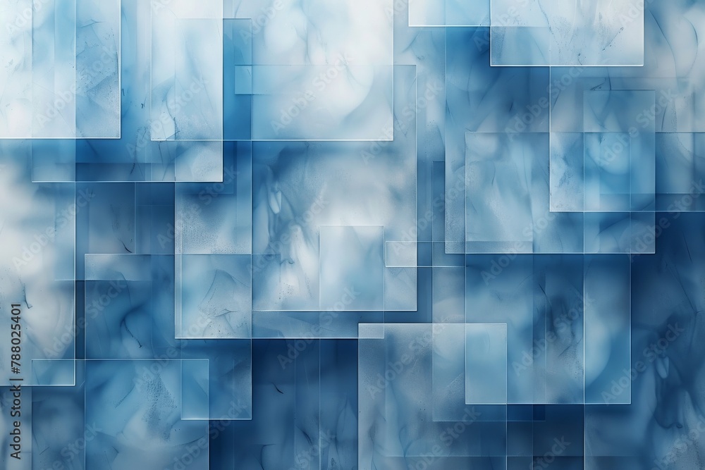 Poster featuring soft glow effects, this image offers an abstract pattern of blue squares layered to create
