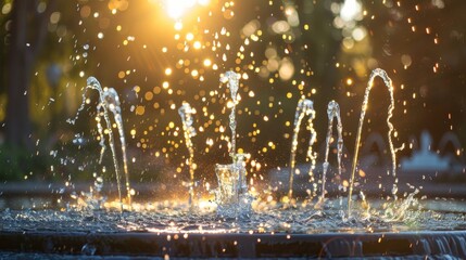 Water Spark: A photo of a fountain in a park, with the water shooting up into the air and catching the sunlight