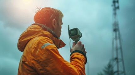 Weather Forecasting: A photo of a meteorologist taking measurements with a handheld weather instrument - obrazy, fototapety, plakaty
