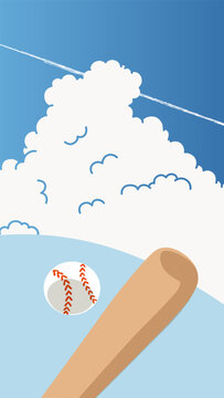 青空と入道雲と野球のバットとボールのベクターイラスト