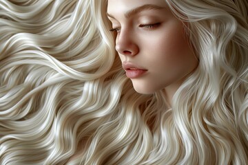 A highly detailed image of a serene beauty with flowing white hair conveying purity and softness