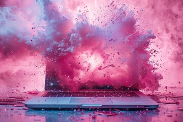 Stunning visual of a laptop being engulfed by a wave of pink and purple paint, symbolizing powerful digital disruption