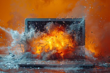 A dramatic and intense image of a laptop being consumed by an orange fiery blast, conveying urgency and danger