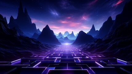 Virtual reality 3D geometric landscape, glowing in cyber purple and blue