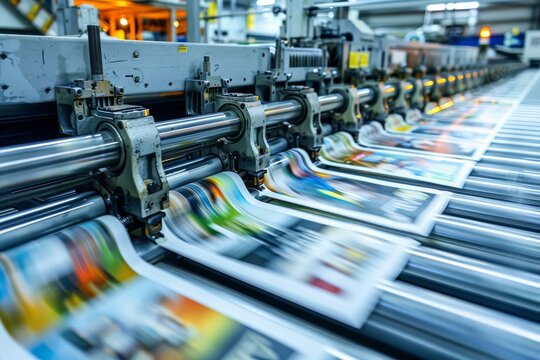 A dynamic image capturing the motion of a fast newspaper printing press, exemplifying media production and rapid information dissemination