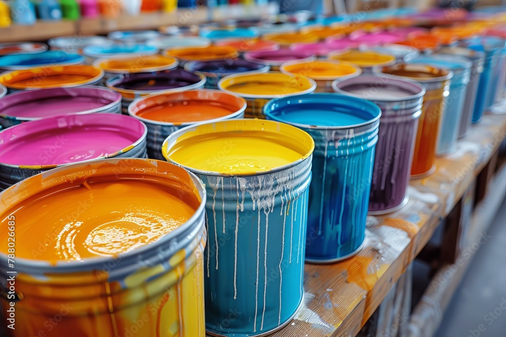 Poster rows of colorful paint cans displayed on a shelf, with bright hues and dripping paint creating an ar