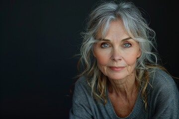 An elegant older woman with a soft and engaging gaze, featuring a stylish gray ensemble and hair