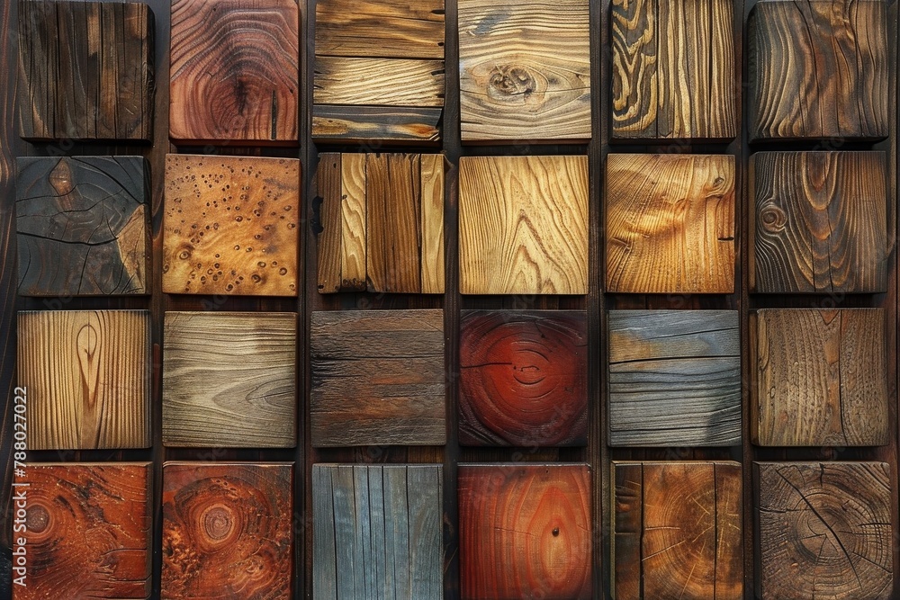 Poster close-up of a patterned wall featuring an array of square wooden blocks with diverse colors and text