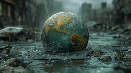 globe on water with raining