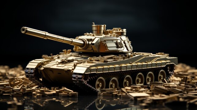 3D minimalist depiction of a battle tank made of gold, war economy,