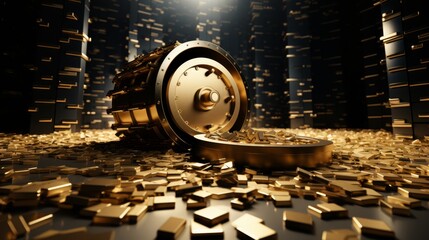 3D minimalist image of a vault door closing on a pile of gold, locking down assets,