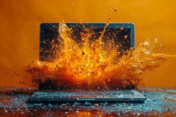 A captivating image of a laptop with a powerful orange explosion effect emanating from the screen