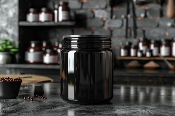 Modern, dark-tinted glass jar stands on a kitchen counter with subtle hints of spices and culinary background