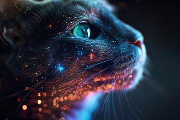 Portrait of a gray cat with a golden holographic glow on a dark blurred background. Fantasy background with a cat. Generated by artificial intelligence