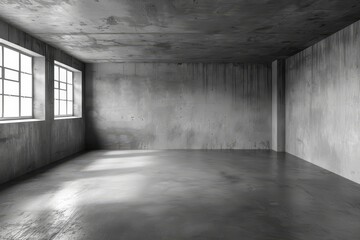 Empty garage interior with dark concrete walls and floor