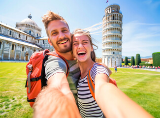 Young tourists taking a selfie by the Pisa Tower, concept of Bucket List travel and exploring of European landmarks.