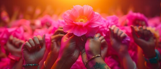 Multiple hands come together to hold a pink flower, illustrating themes of community, unity, and shared growth. - obrazy, fototapety, plakaty