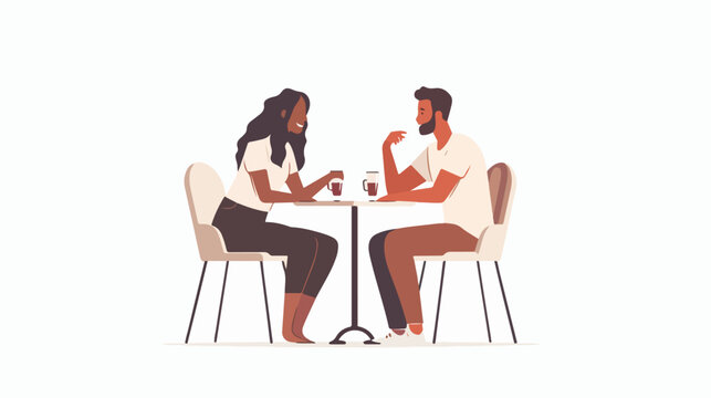 Love couple talking on date in cafe. Biracial man