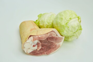 Raw meat and cabbage for cooking cabbage soup. Different parts of meat products for different dishes. - 788029082